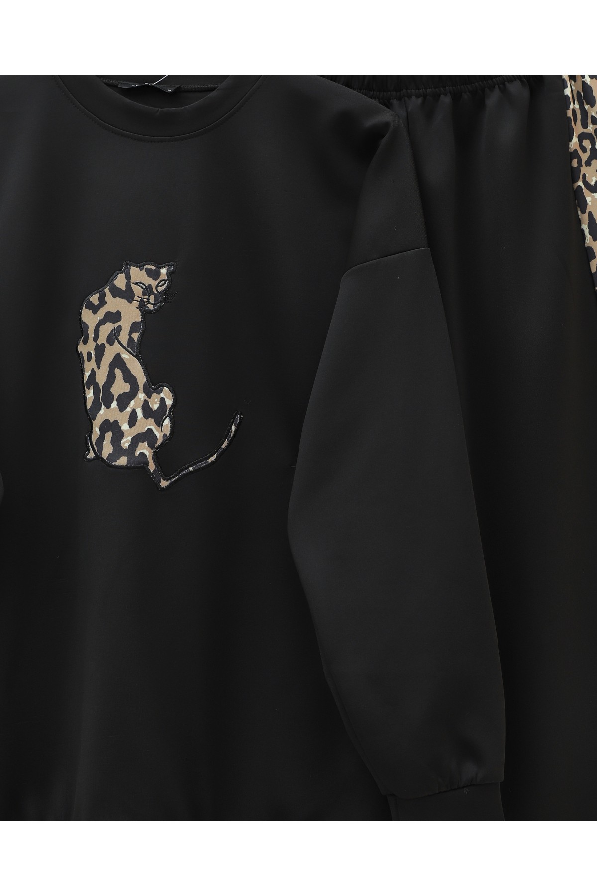 Leopar Figürlü Ve Desenli Pantolonlu Scuba Takım -Siyah