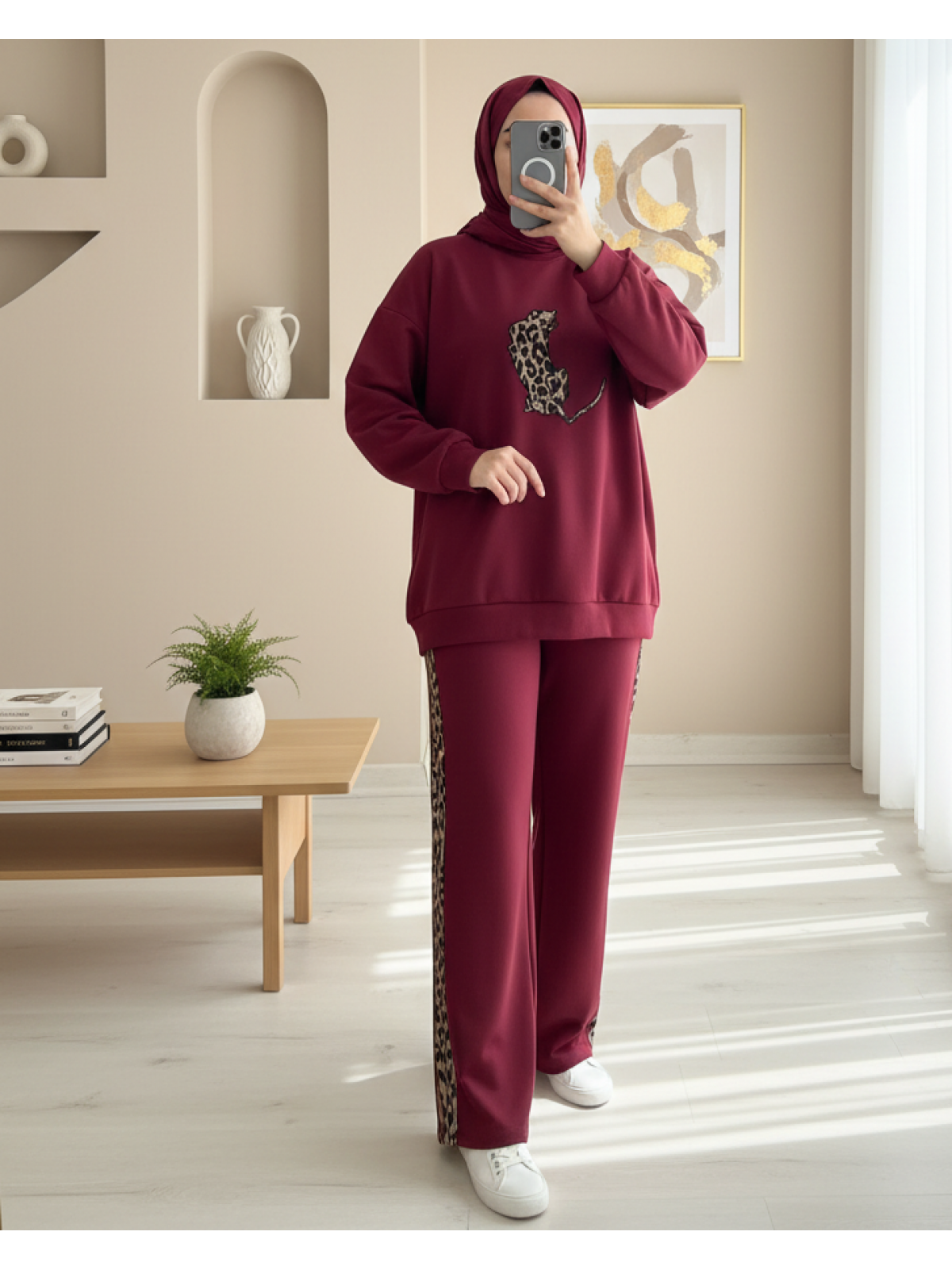 Leopar Figürlü Ve Desenli Pantolonlu Scuba Takım  -Bordo