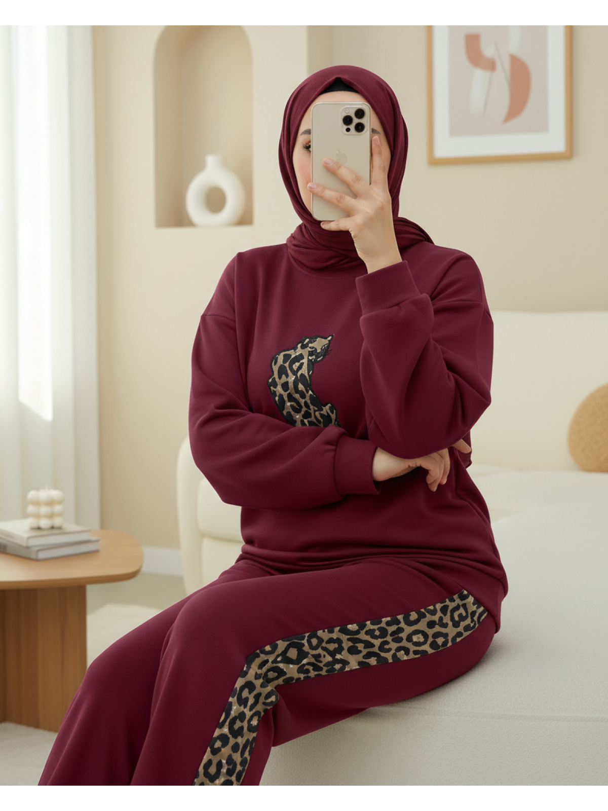 Leopar Figürlü Ve Desenli Pantolonlu Scuba Takım  -Bordo