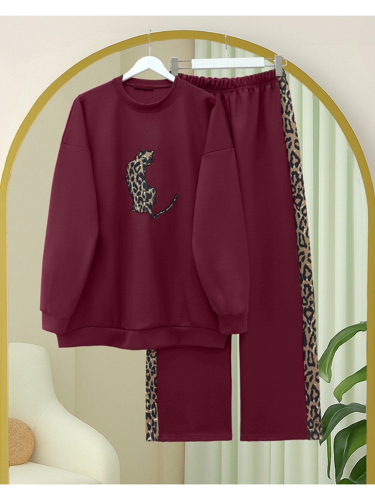 Leopar Figürlü Ve Desenli Pantolonlu Scuba Takım  -Bordo