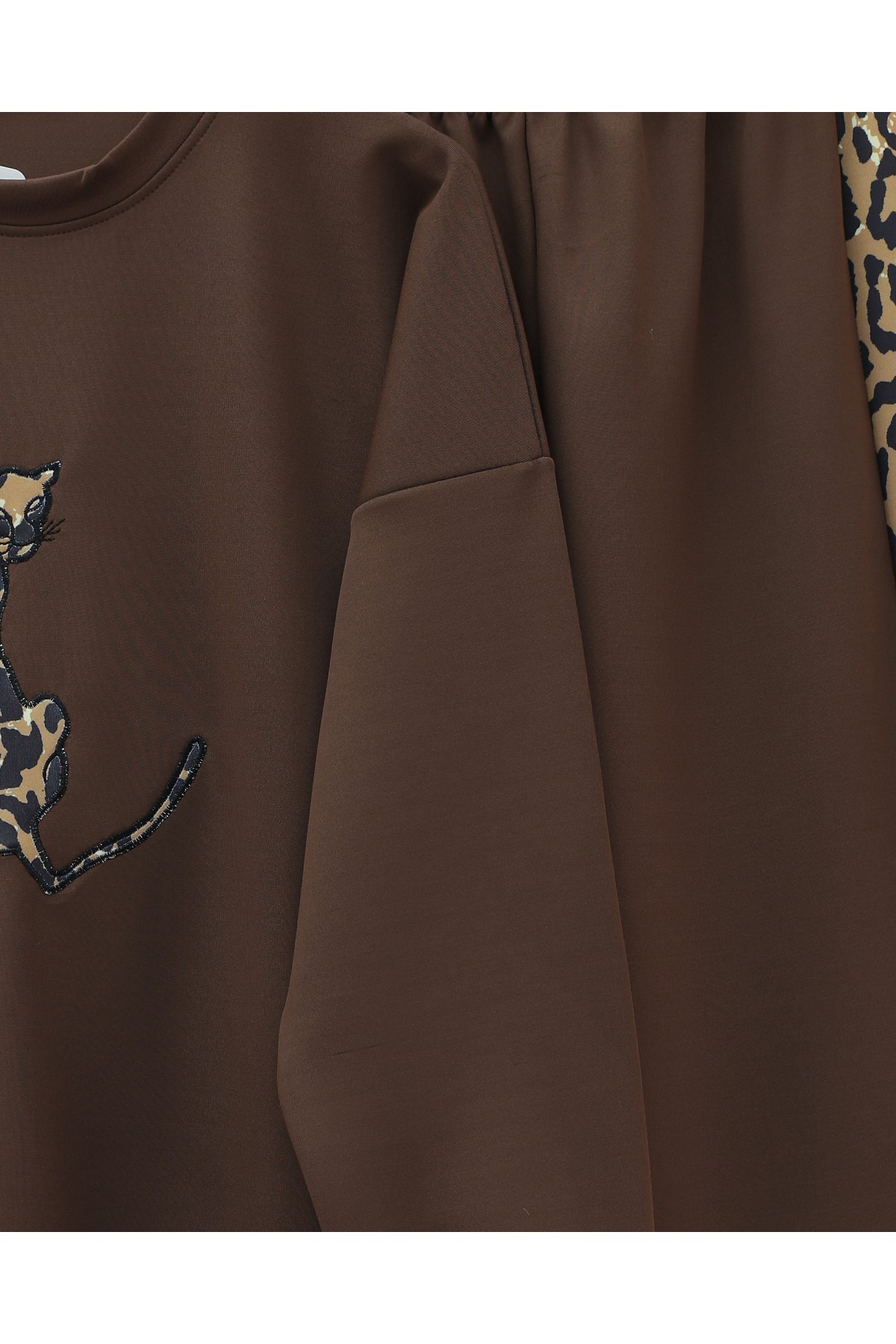 Leopar Figürlü Ve Desenli Pantolonlu Scuba Takım -Kahve