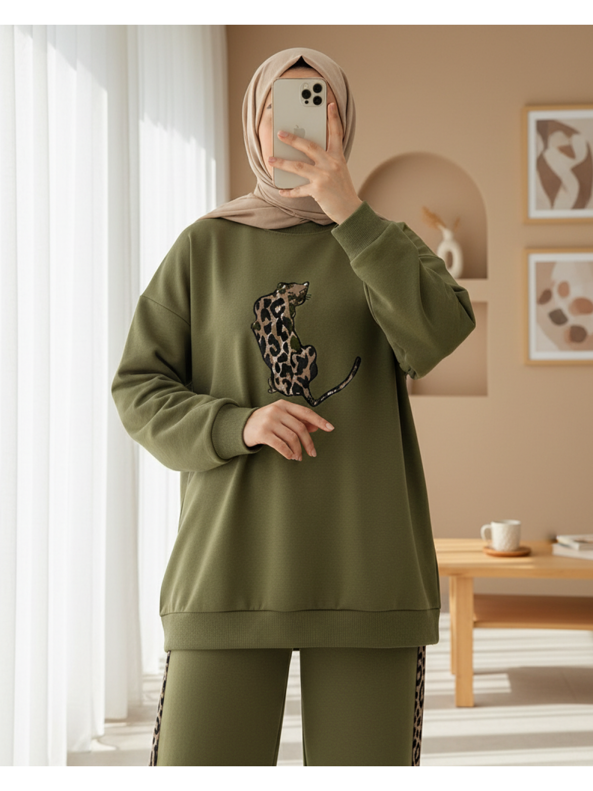 Leopar Figürlü Ve Desenli Pantolonlu Scuba Takım  -Zeytin