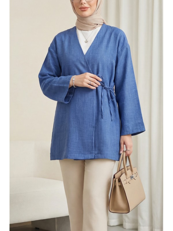 Yandan Bağlamalı Keten Görünümlü Kimono -İndigo