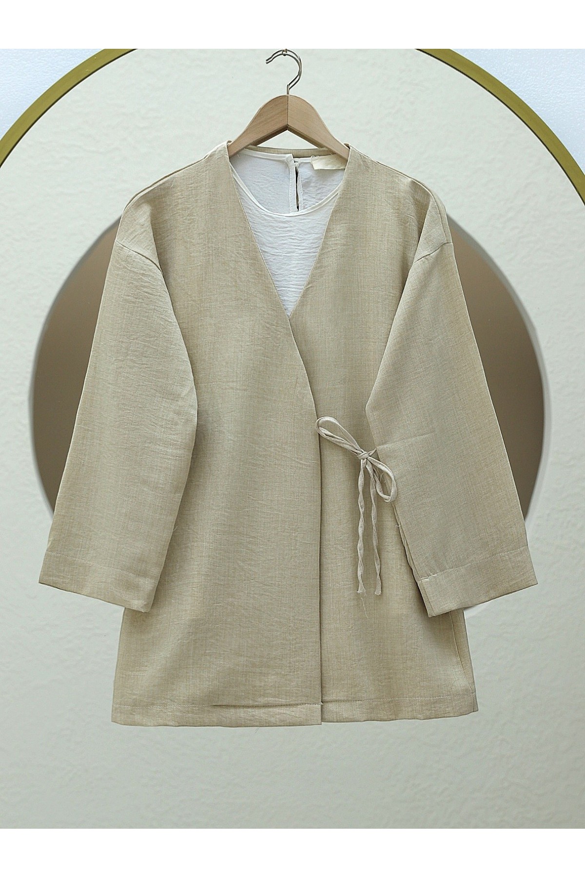Side Tie Linen Kimono - Beige