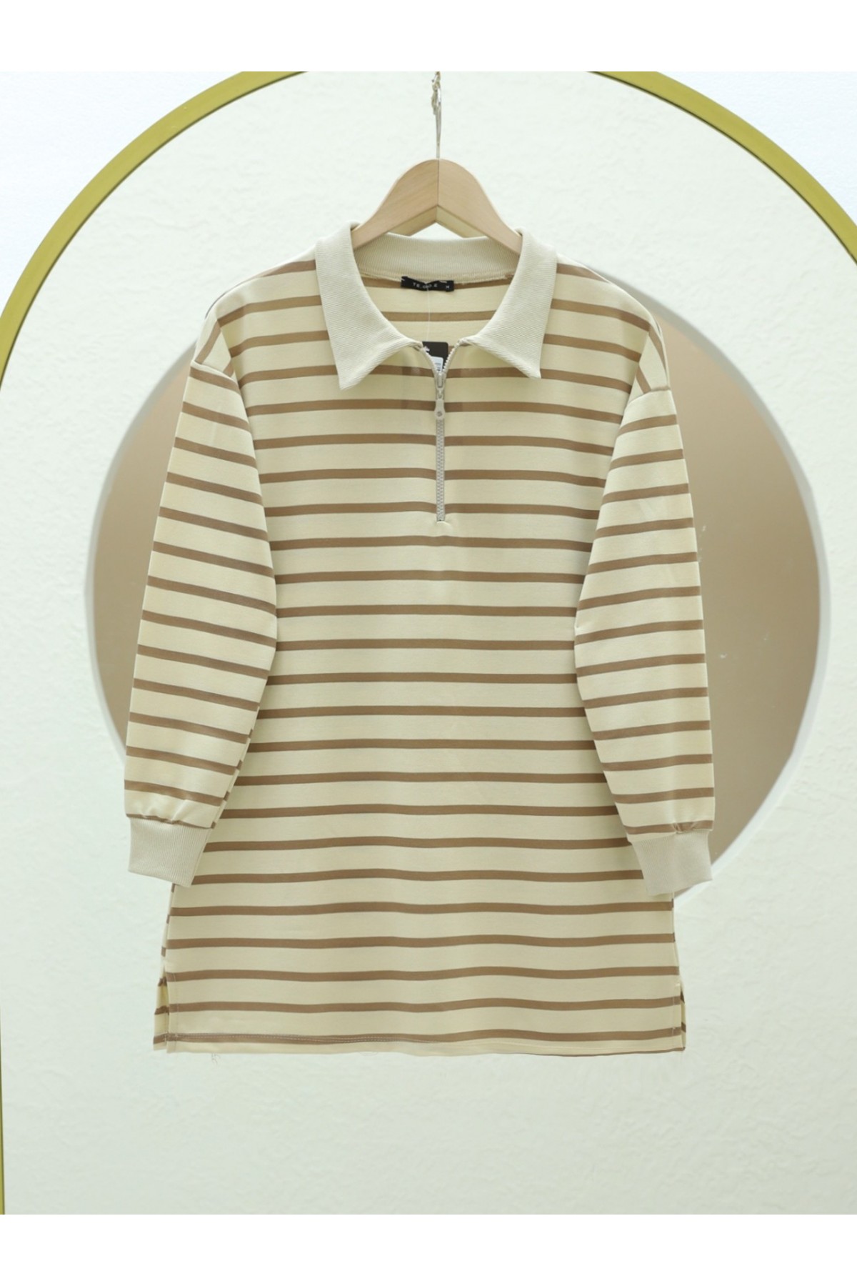 Polo Collar Striped Slit Tunic -Light coffee
