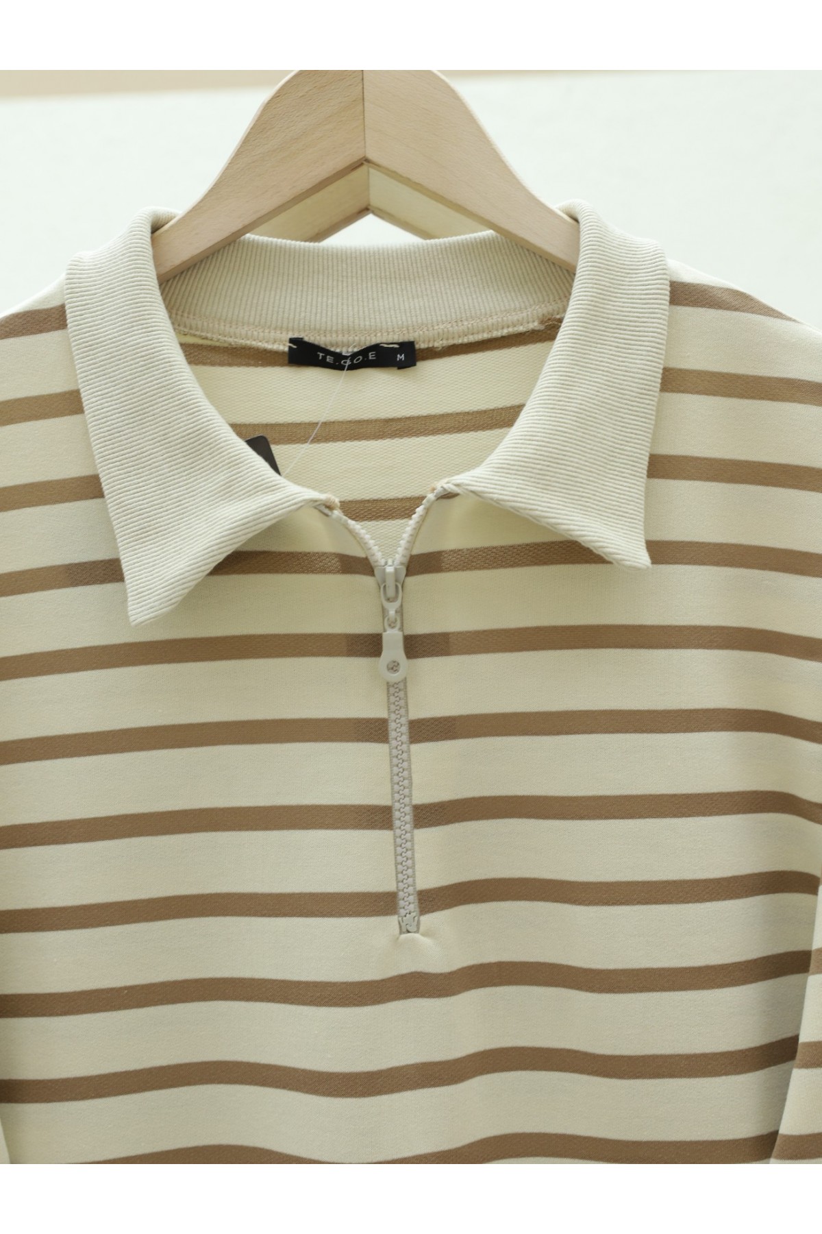 Polo Collar Striped Slit Tunic -Light coffee