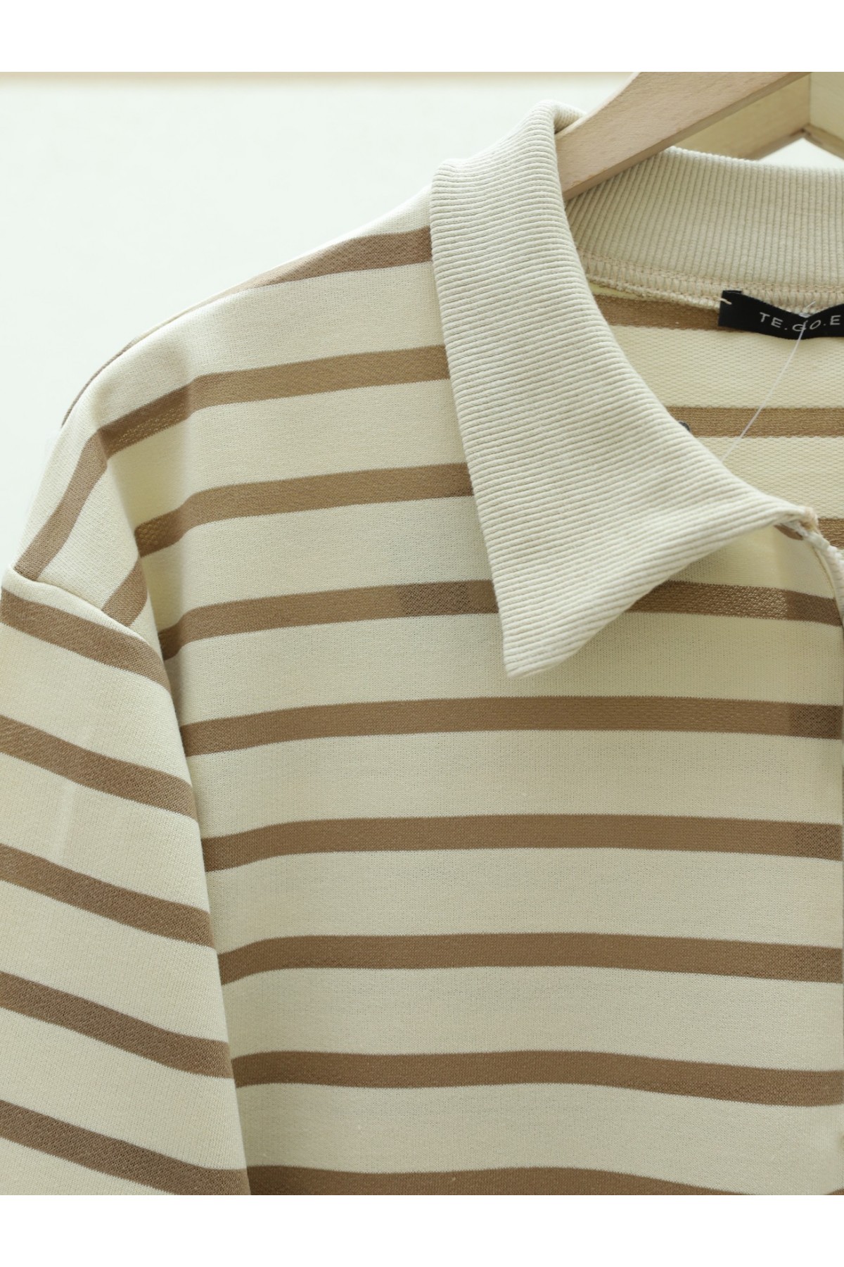 Polo Collar Striped Slit Tunic -Light coffee