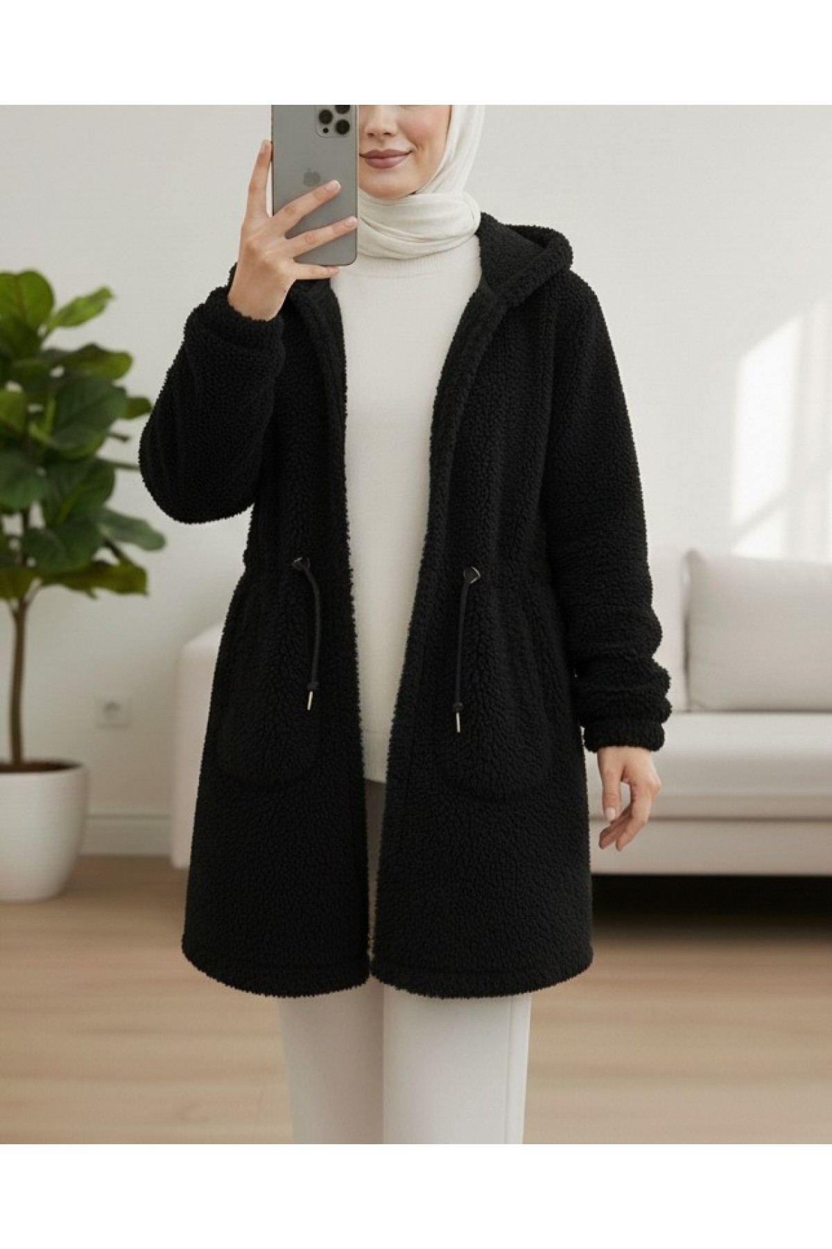 Beli Lastikli Kapşonlu Fermuarlı Peluş Mont -Siyah