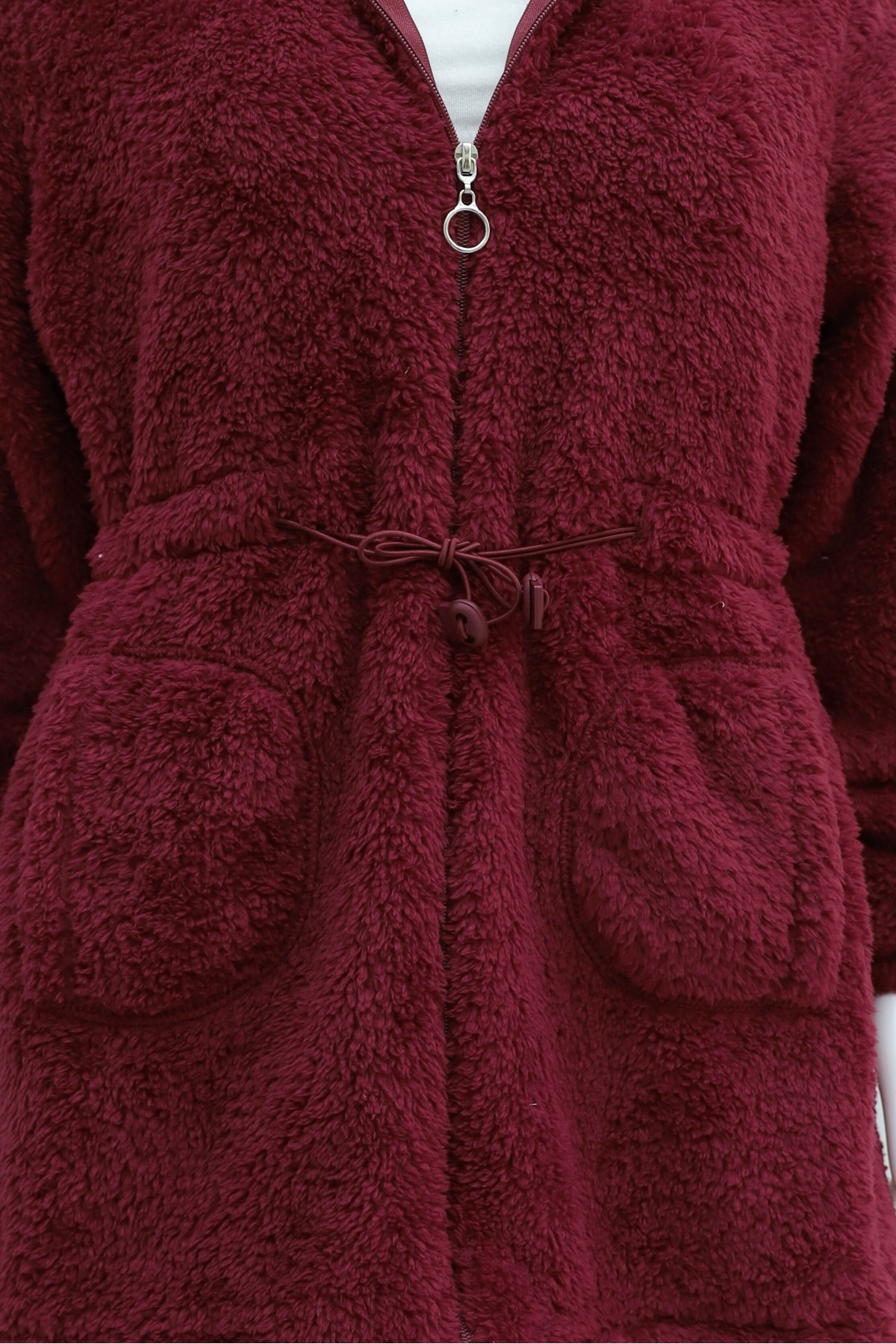 Beli Lastikli Kapşonlu Fermuarlı Peluş Mont    -Bordo