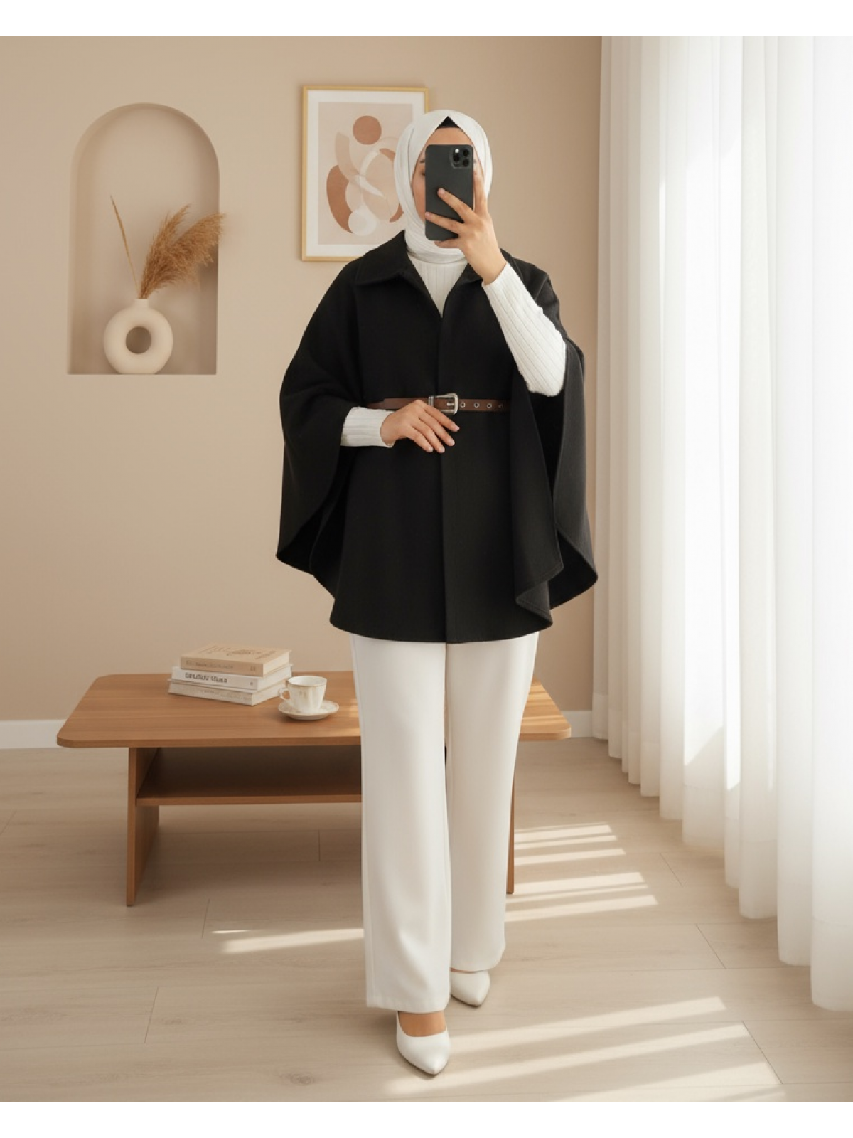 Omuzu Düğmeli Beli Kemerli Kaşe Panço -Siyah