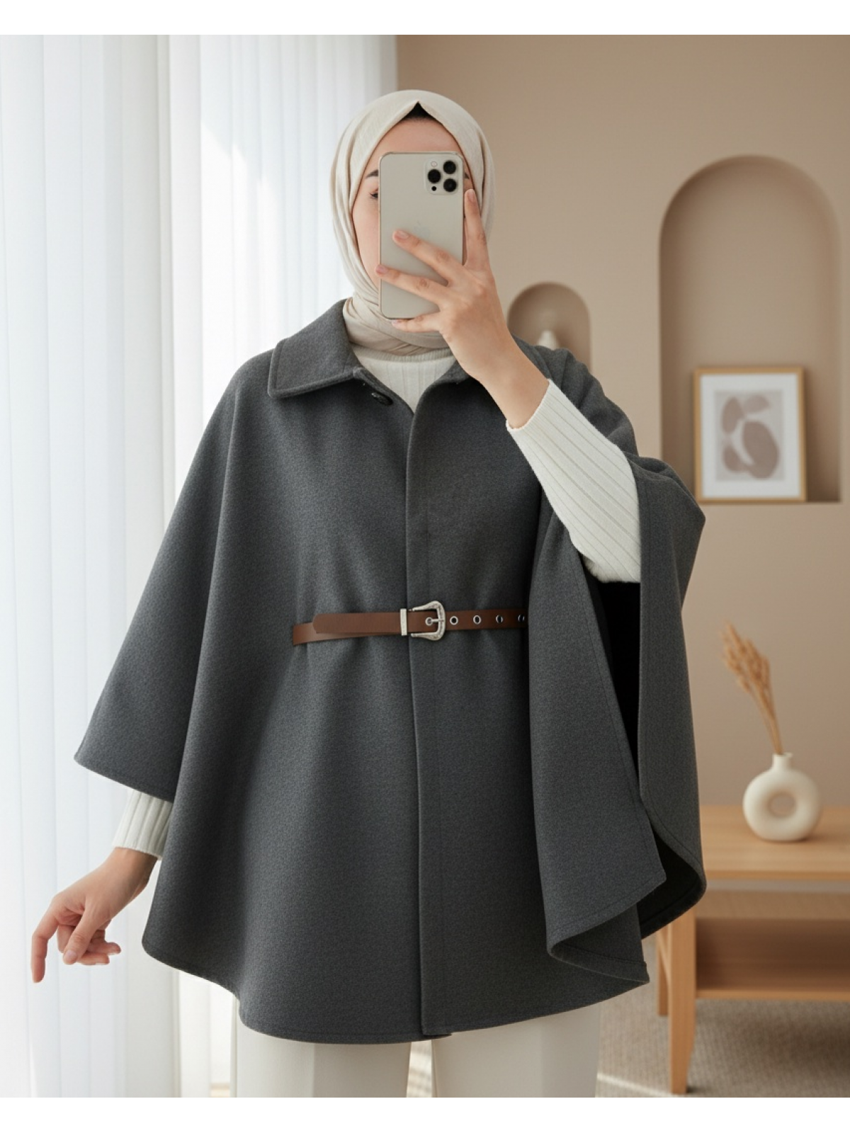 Omuzu Düğmeli Beli Kemerli Kaşe Panço  -Füme