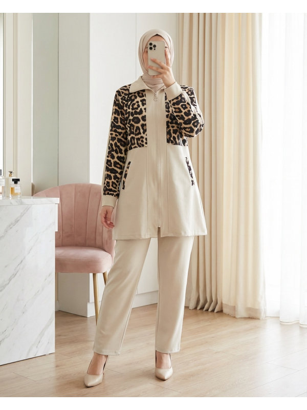 Gömlek Yaka Boydan Fermuarlı Pantolonlu Takım   -Bej