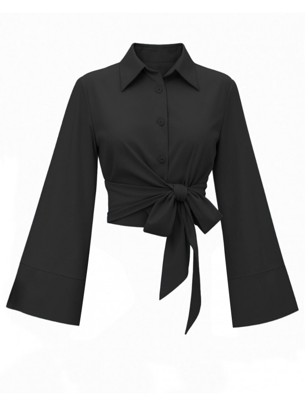 بلوزة قميص من قماش البوبلين بأكمام إسبانية وخصر بحزام -أسود