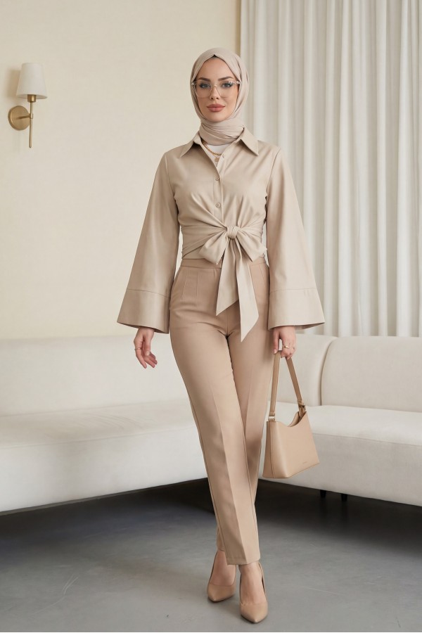 Beli Bağlamalı İspanyol Kol Poplin Gömlek Bluz  -Vizon