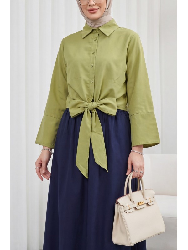 Belted Waist Spanish Sleeve Poplin Shirt Blouse   -Oil Green