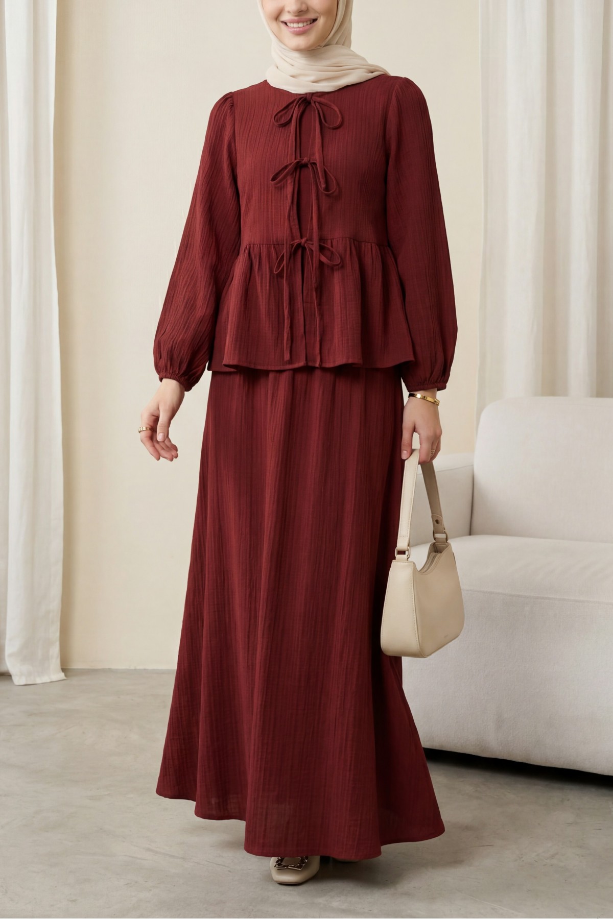 Front-tie, elasticated sleeve, crinkle kimono set with skirt. -Maroon