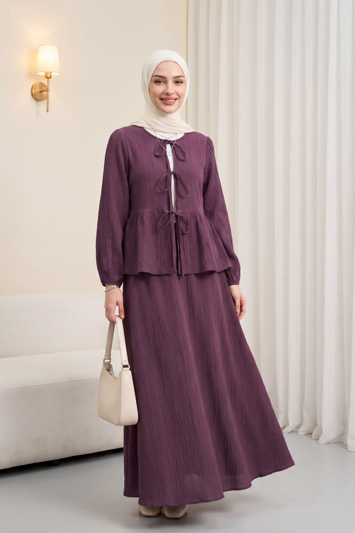 Front-tie, elasticated sleeve, crinkle kimono set with skirt. -Damson