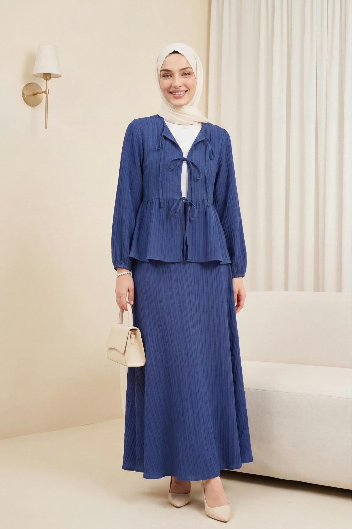 Front-tie, elasticated sleeve, crinkle kimono set with skirt. -İndigo