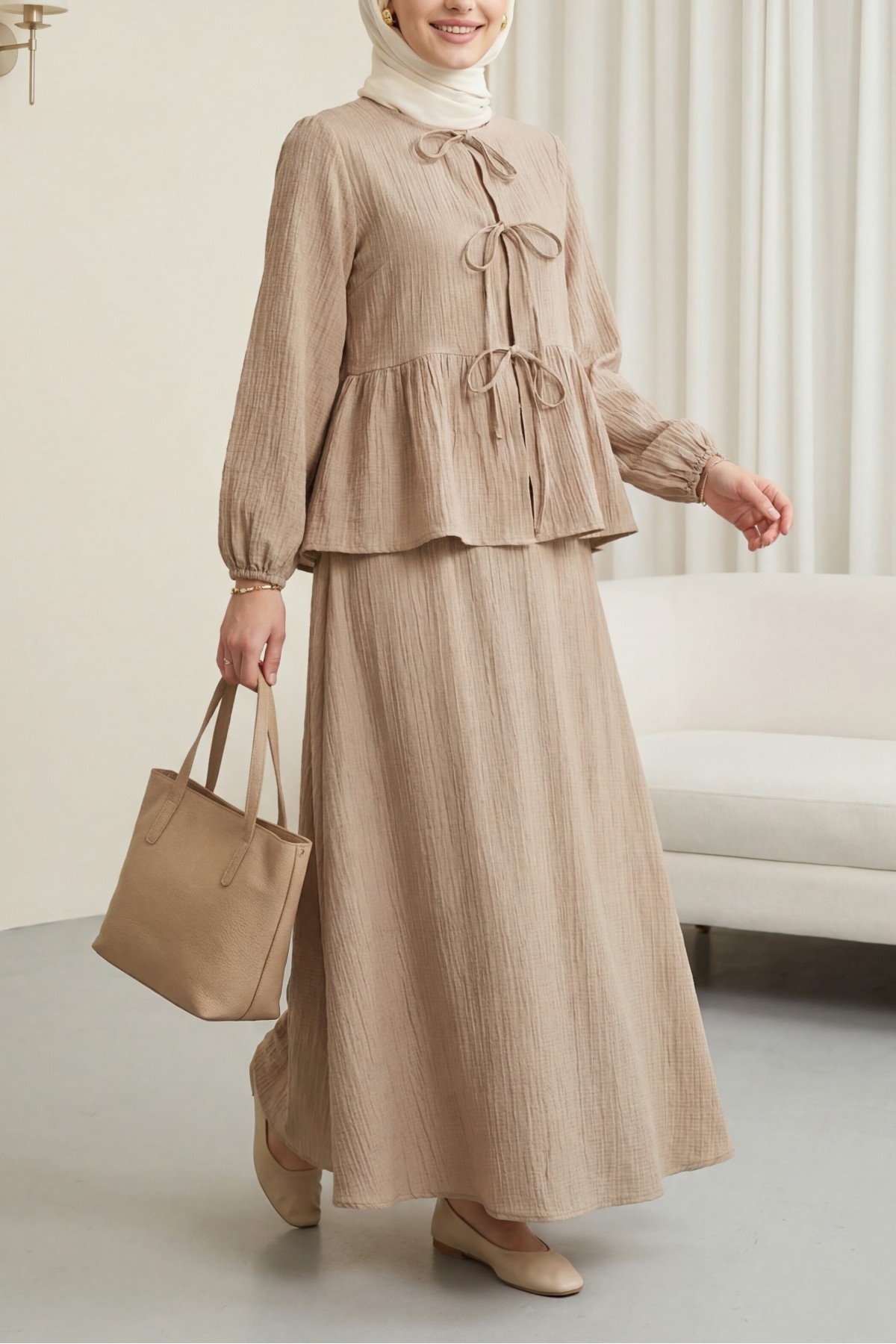 Front-tie, elasticated sleeve, crinkle kimono set with skirt. -Mink color