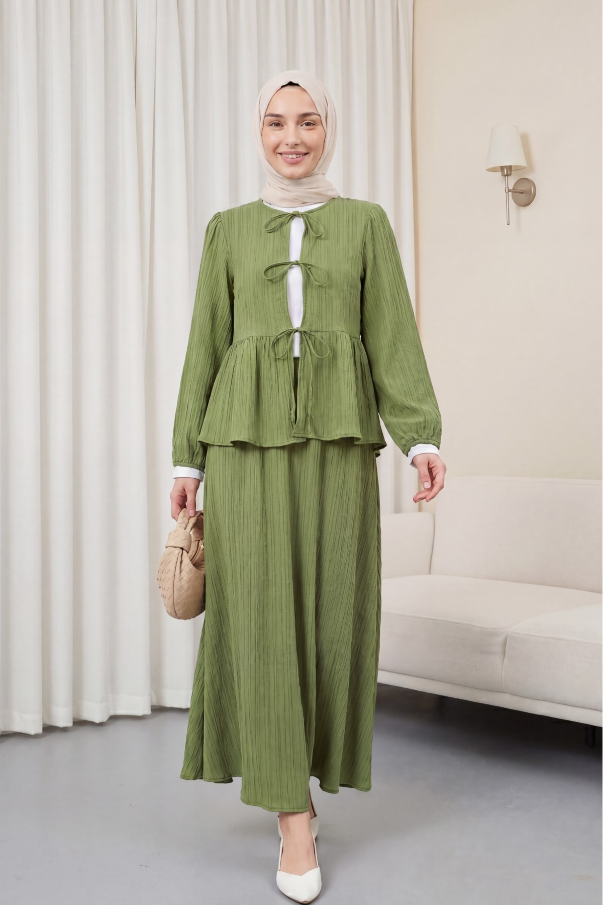 Front-tie, elasticated sleeve, crinkle kimono set with skirt. -PISTACHIO GREEN