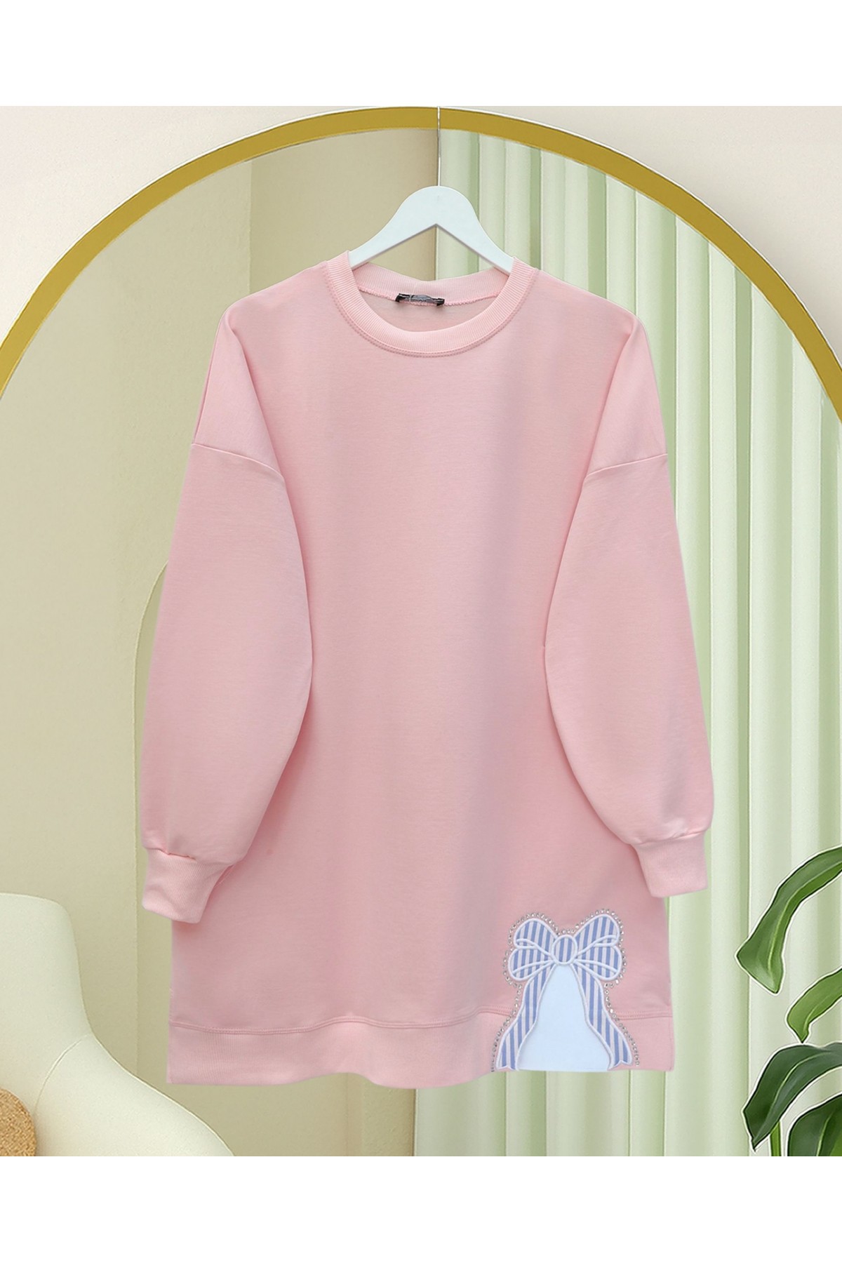 Loose Combed Cotton Tunic with Round Neck and Bow Detail  -Powder