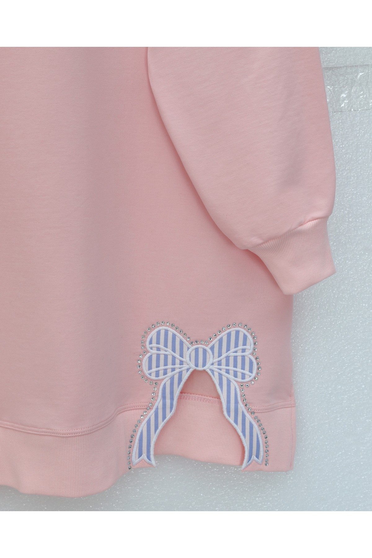 Loose Combed Cotton Tunic with Round Neck and Bow Detail  -Powder