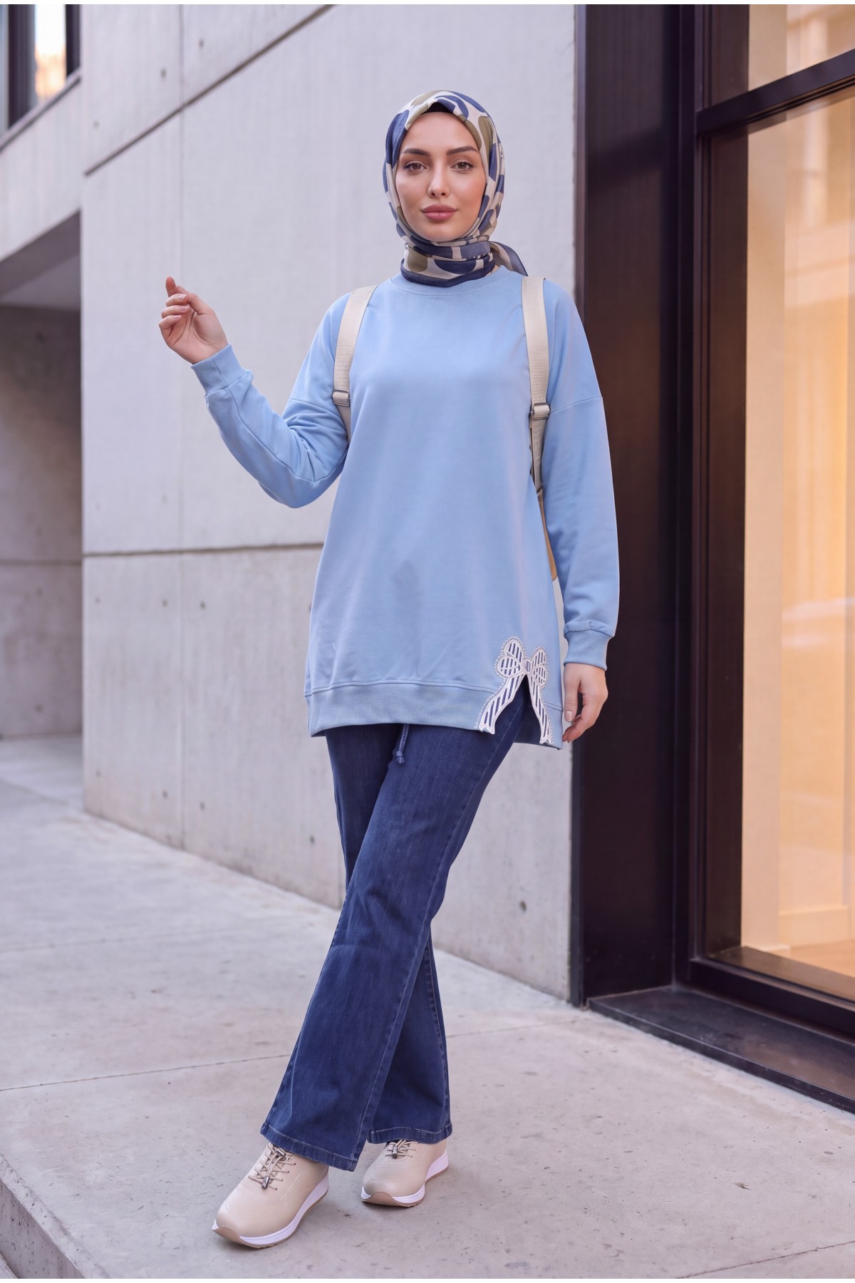 Loose Combed Cotton Tunic with Round Neck and Bow Detail   -Light blue