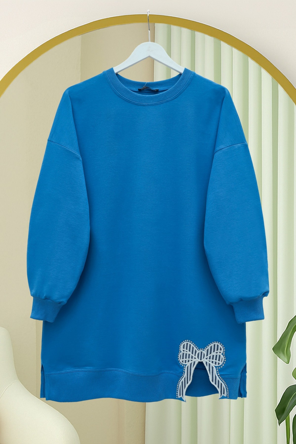 Loose Combed Cotton Tunic with Round Neck and Bow Detail -Blue
