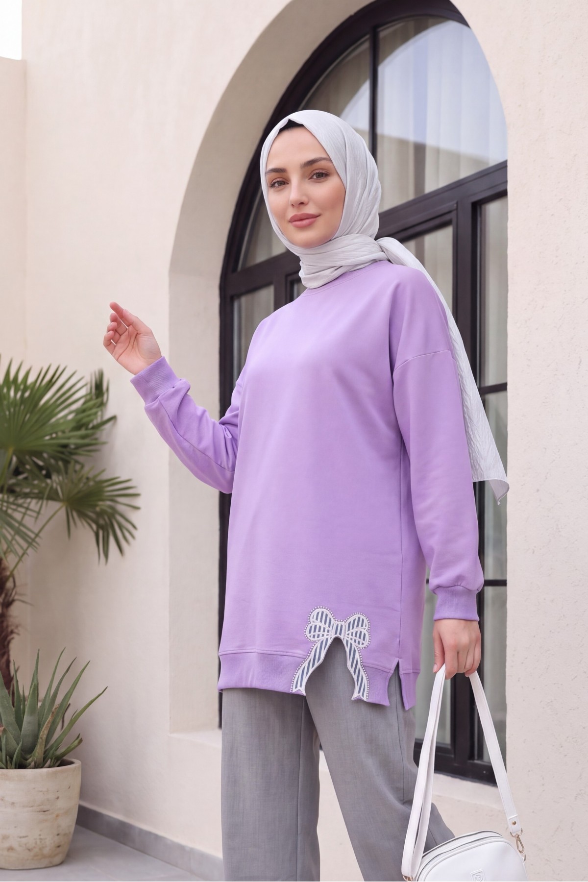 تونيك قطني ممشط فضفاض برقبة دائرية وتفاصيل فيونكة   -أرجواني