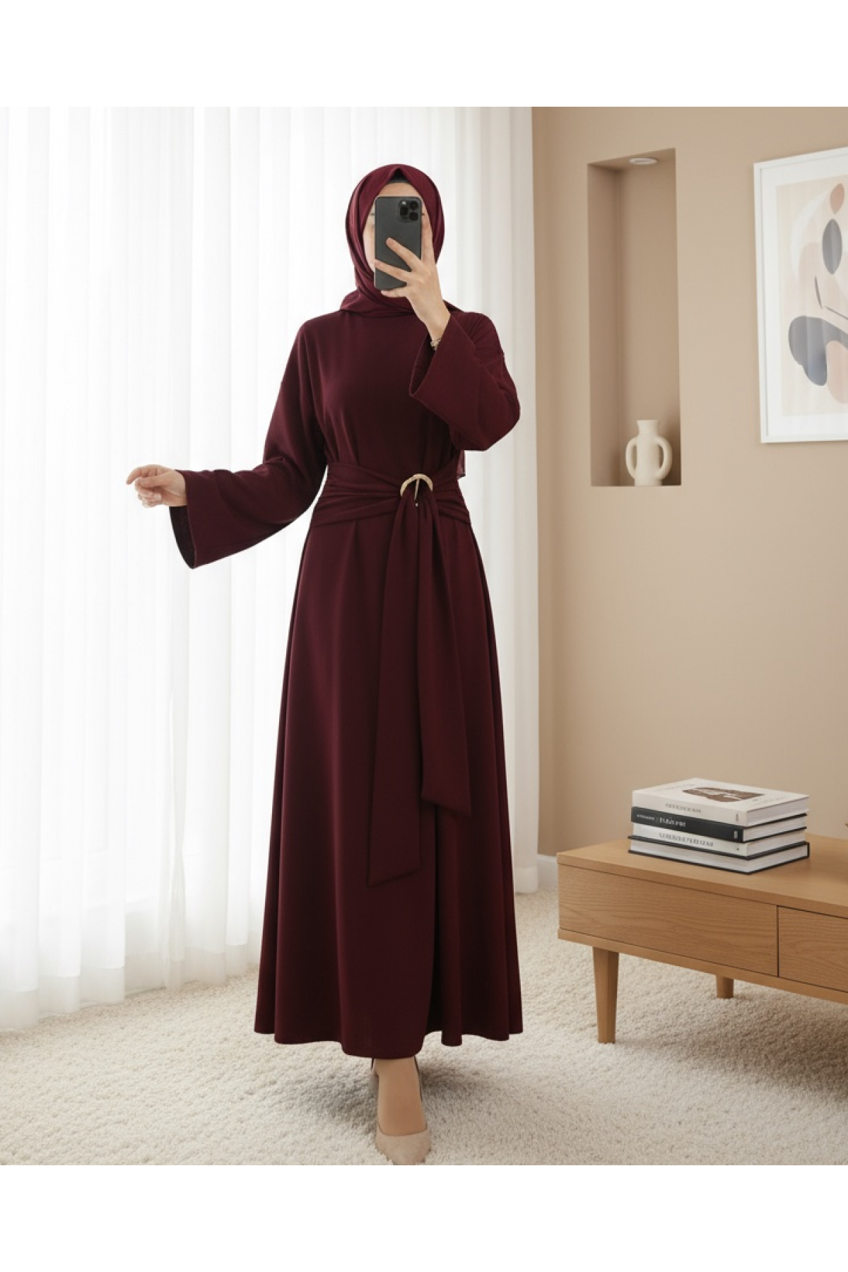 Dik Yaka Tokalı Bağcıklı Uzun Selanik Elbise -Mürdüm