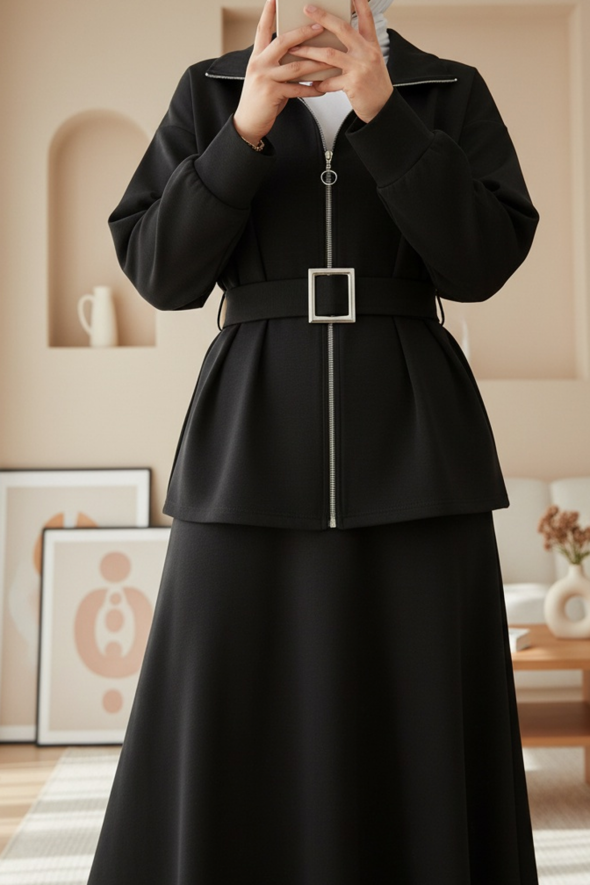 Beli Katlamalı Önü Fermuarlı Kemerli Etekli Penye Takım  -Siyah