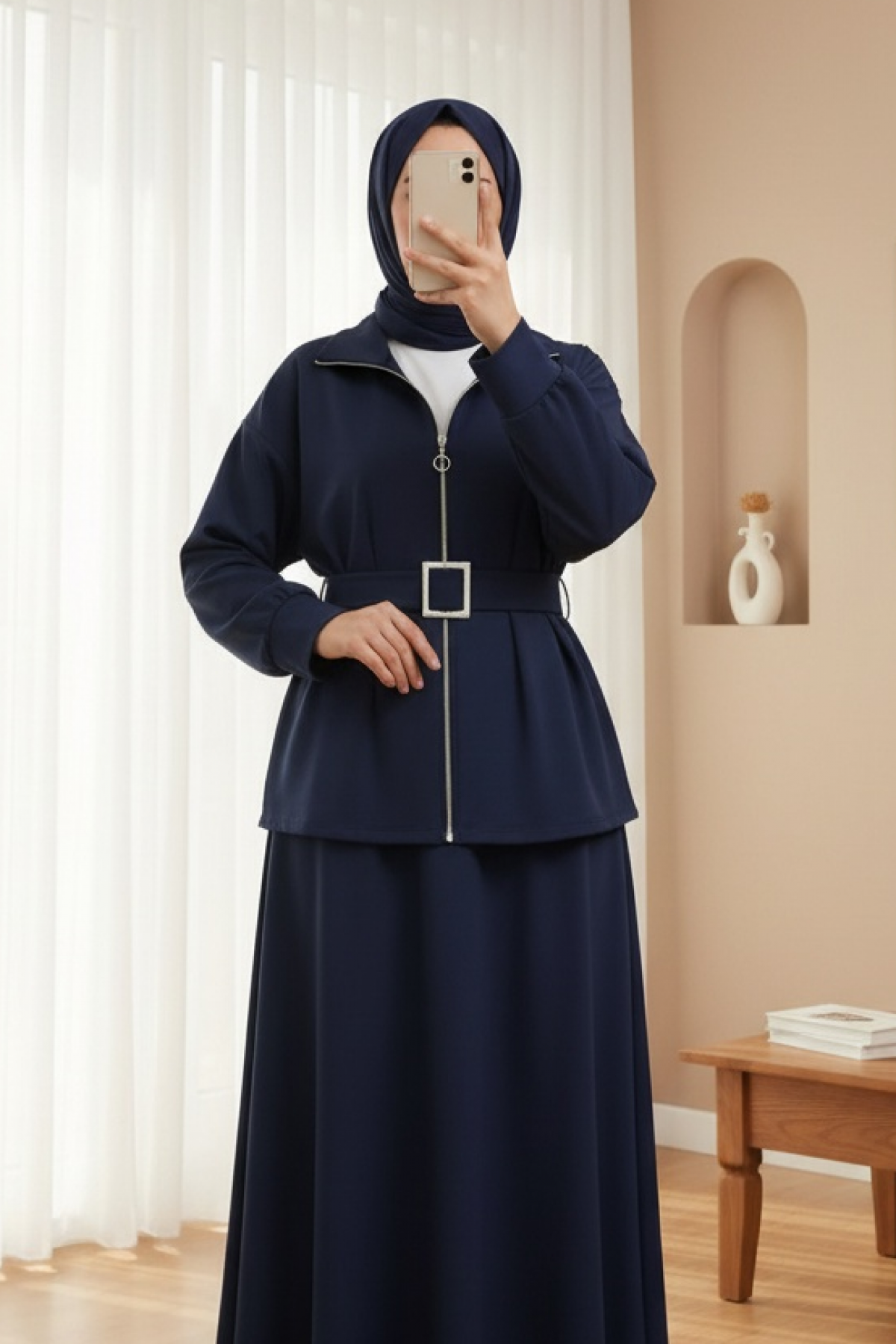 Beli Katlamalı Önü Fermuarlı Kemerli Etekli Penye Takım  -Laci