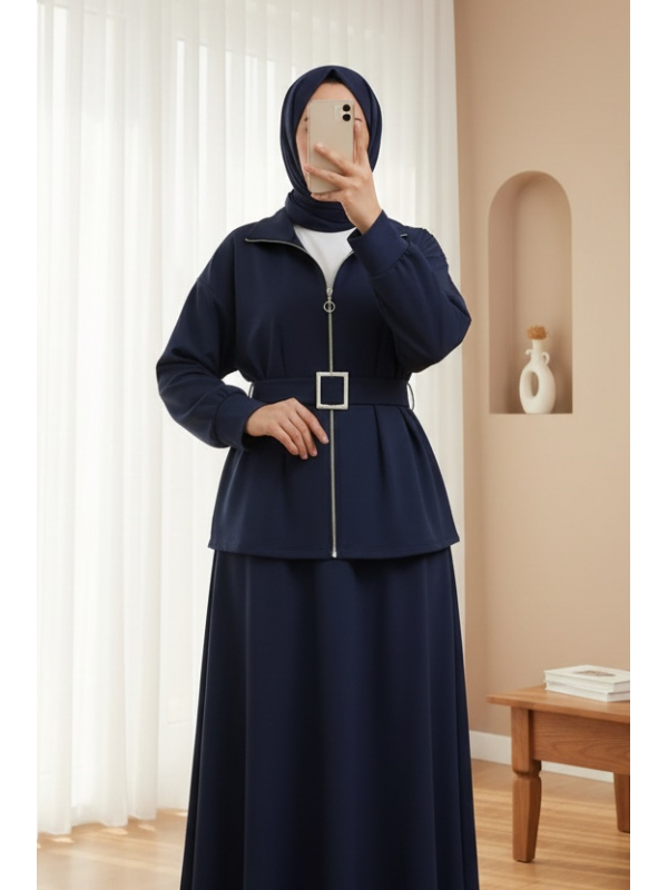 Beli Katlamalı Önü Fermuarlı Kemerli Etekli Penye Takım  -Laci