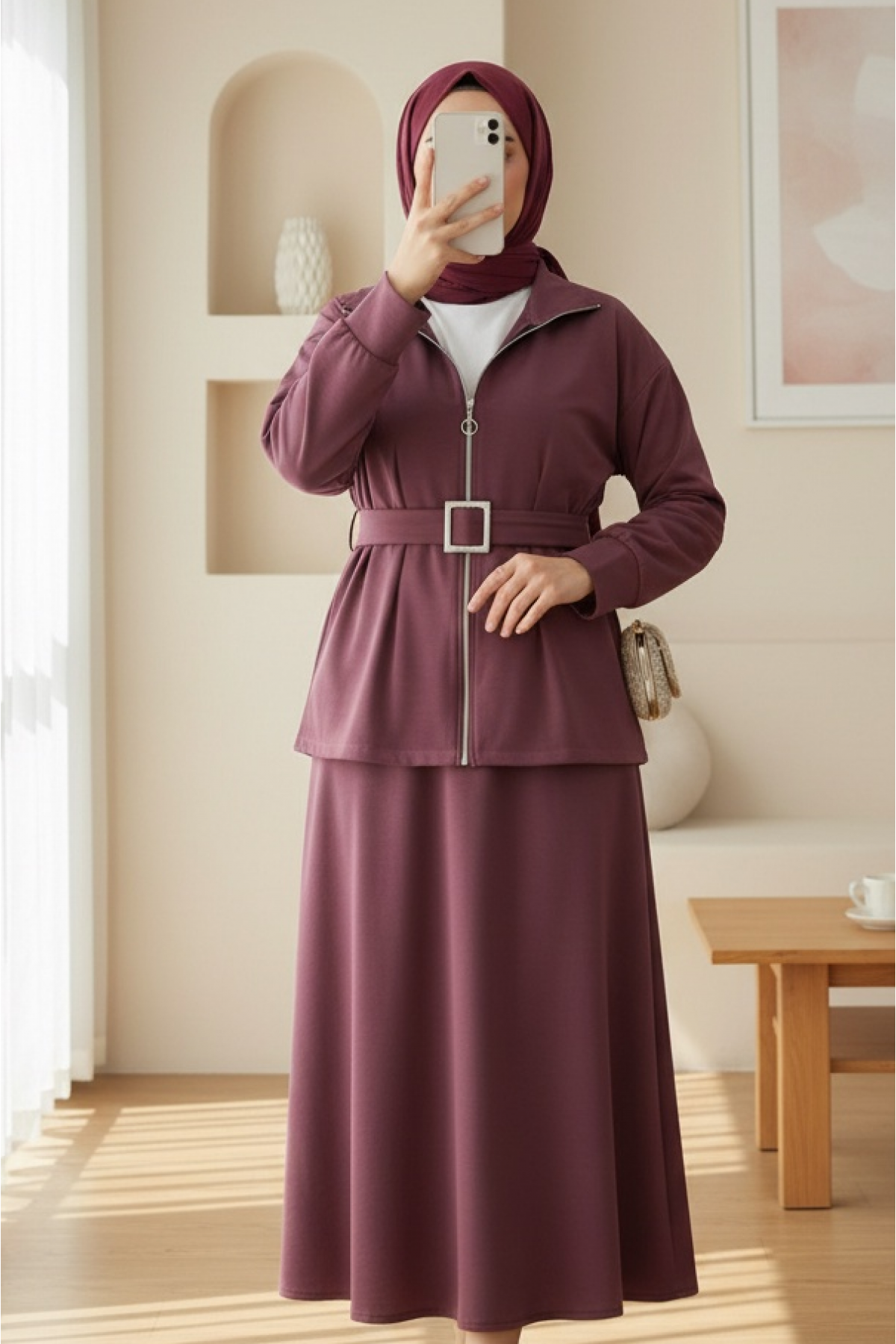 Beli Katlamalı Önü Fermuarlı Kemerli Etekli Penye Takım  -Mürdüm