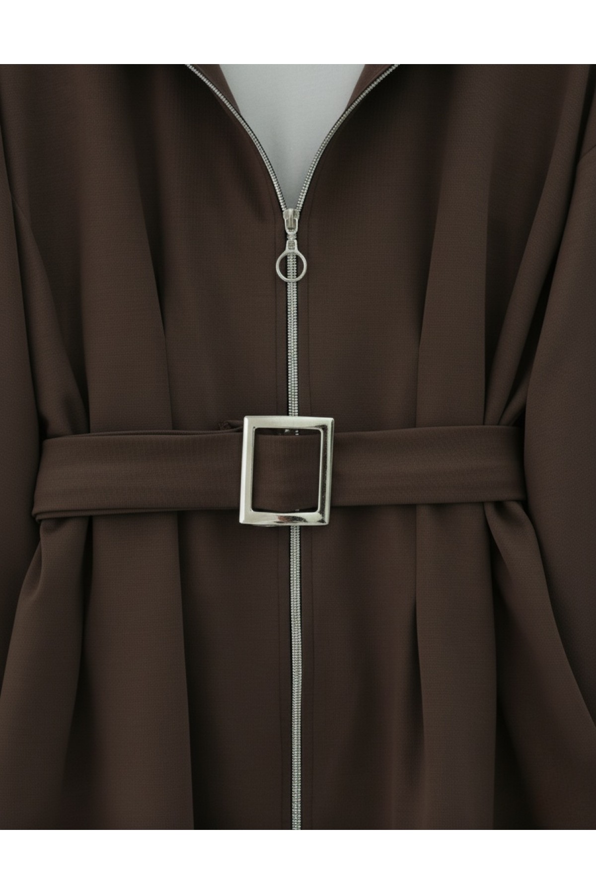 Beli Katlamalı Önü Fermuarlı Kemerli Etekli Penye Takım  -K. Kahve