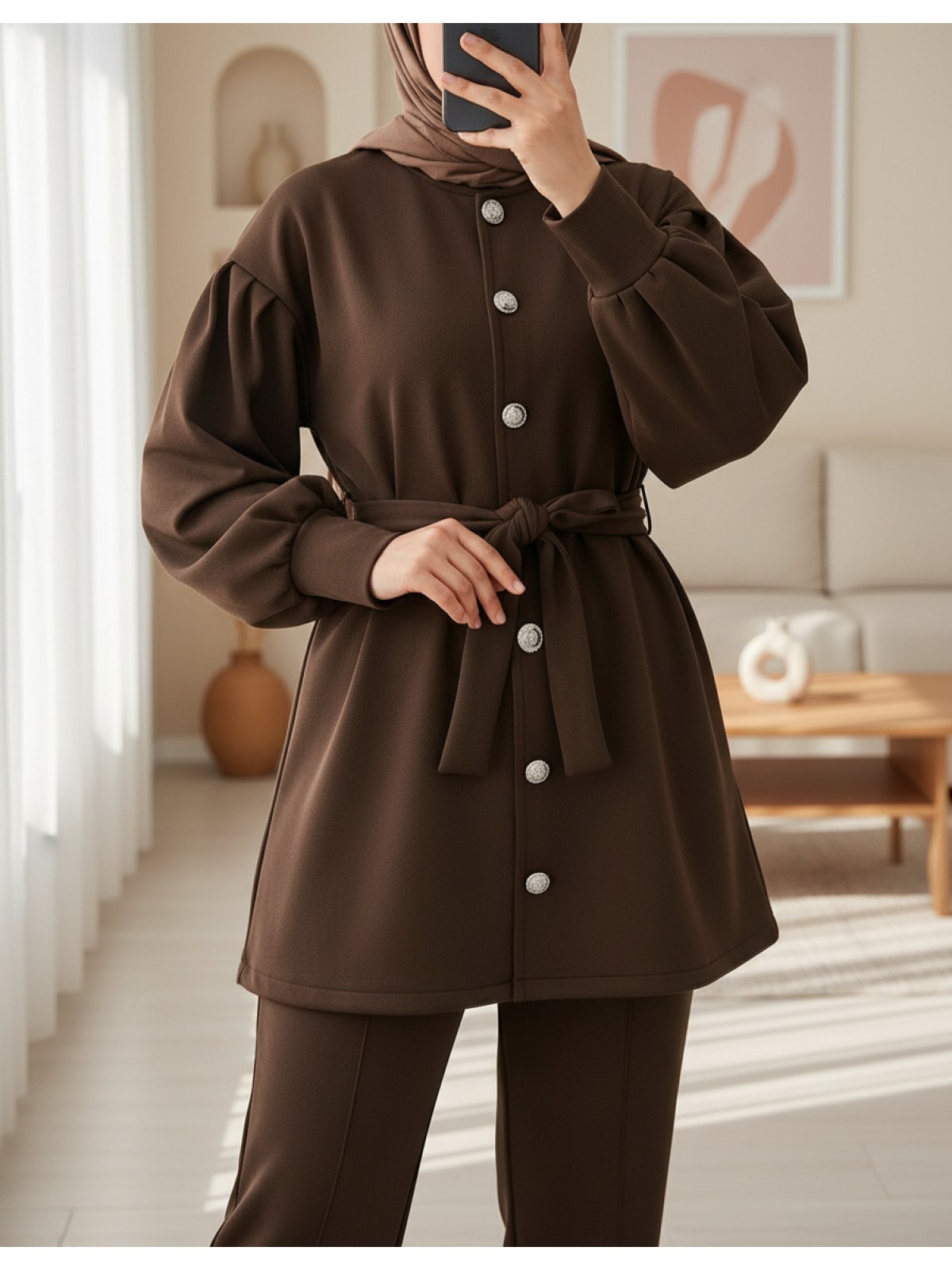 Beli Kemerli Önü Düğmeli Pantolonlu Scuba Takım  -Kahve