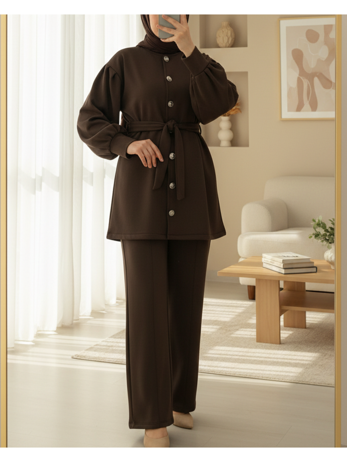 Beli Kemerli Önü Düğmeli Pantolonlu Scuba Takım  -Kahve