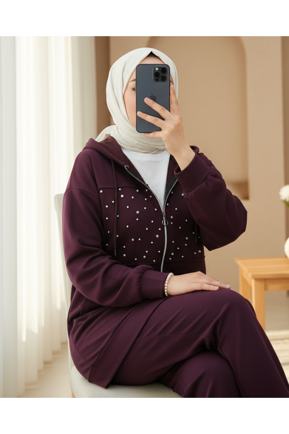 Kapşonlu Fermuarlı Önü İnci Ve Taş Detaylı Oyhso Takım -Mürdüm