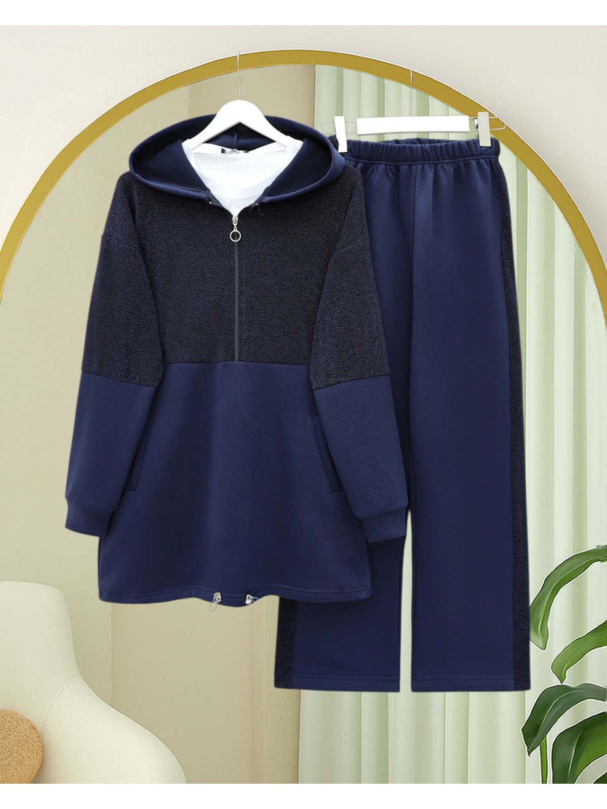 Yarım Fermuarlı Sim Detaylı Kapşonlu Üç İplik Takım  -Laci