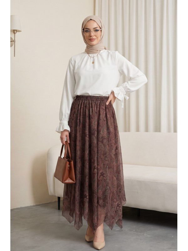 تنورة شيفون منقوشة ومبطنة بحزام خصر مطاطي -بنى