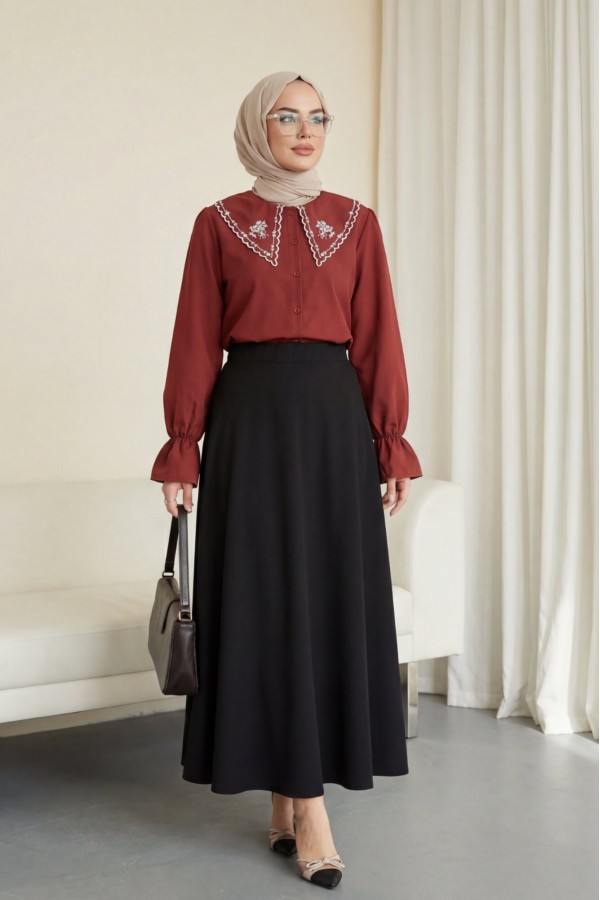 Bebe Yaka Fistolu Kolu Lastikli Poplin Gömlek Bluz -Bordo