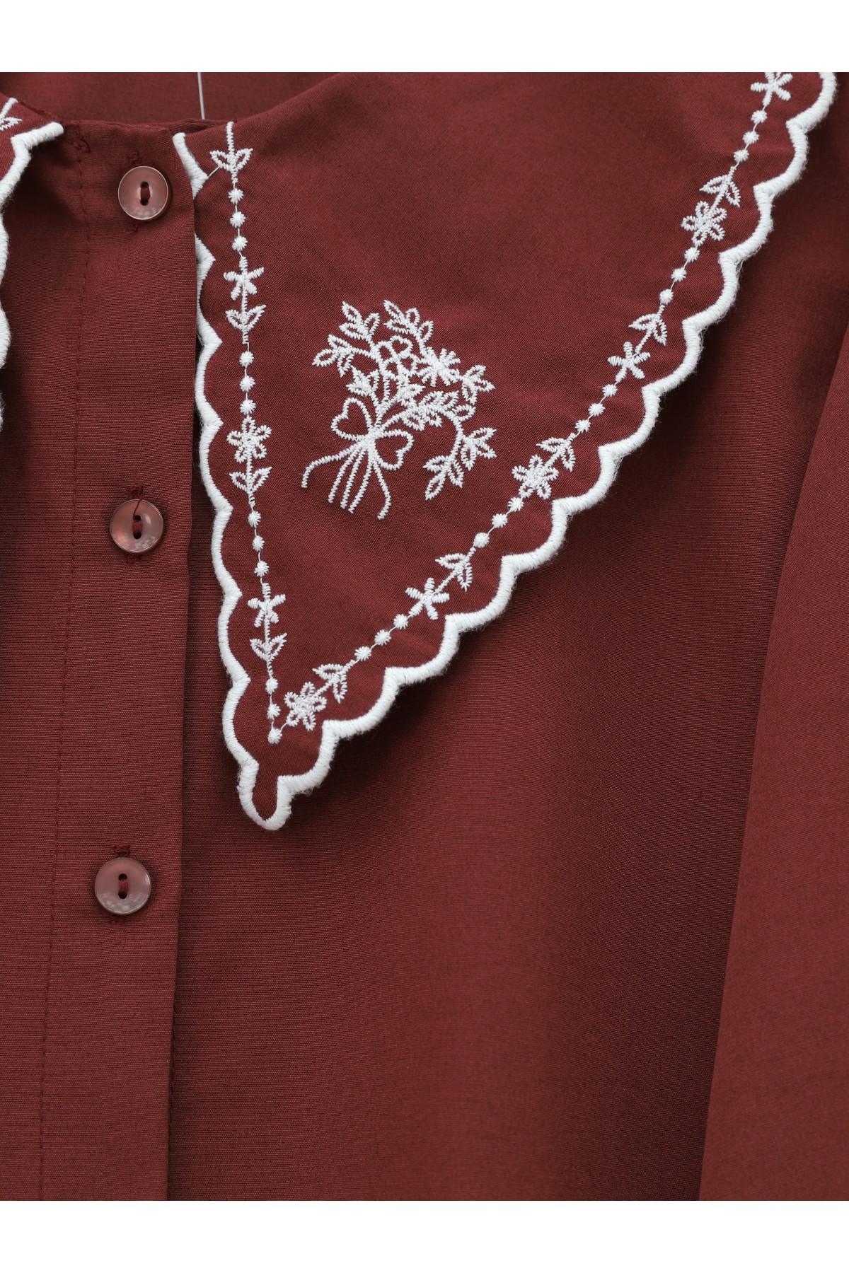 Bebe Yaka Fistolu Kolu Lastikli Poplin Gömlek Bluz -Bordo