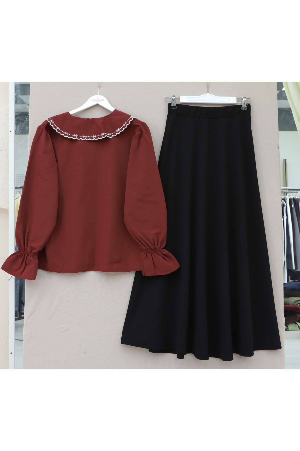 Bebe Yaka Fistolu Kolu Lastikli Poplin Gömlek Bluz -Bordo