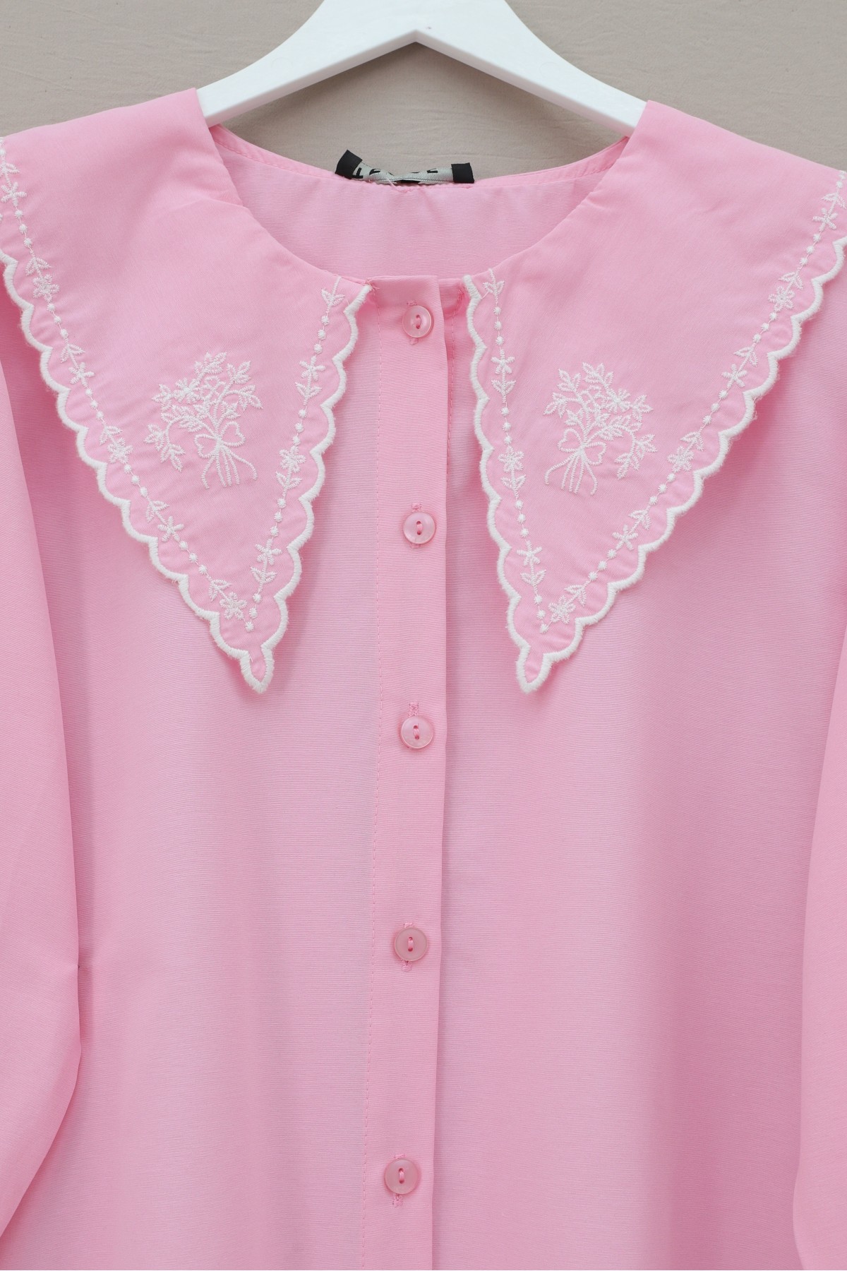 Bebe Yaka Fistolu Kolu Lastikli Poplin Gömlek Bluz -Pembe
