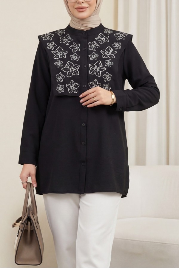 Plastron Detaylı Nakışlı Poplin Gömlek -Siyah