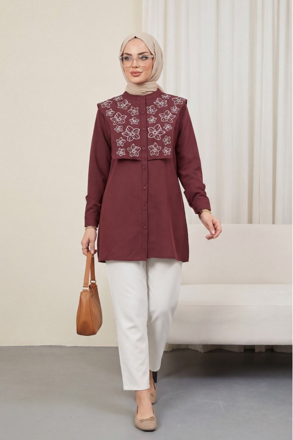 Plastron Detaylı Nakışlı Poplin Gömlek -Bordo