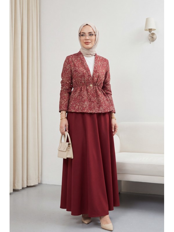 V-Neck, Gathered Waist, Single Button, Patterned Double Set -Maroon
