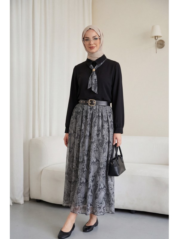 Belted, Scarfed, Lined Chiffon Skirt Set -Black