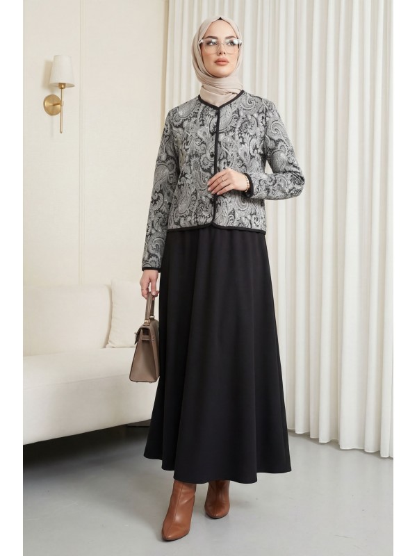 Top Düğme Etnik Desen Etekli Krep Takım -Siyah