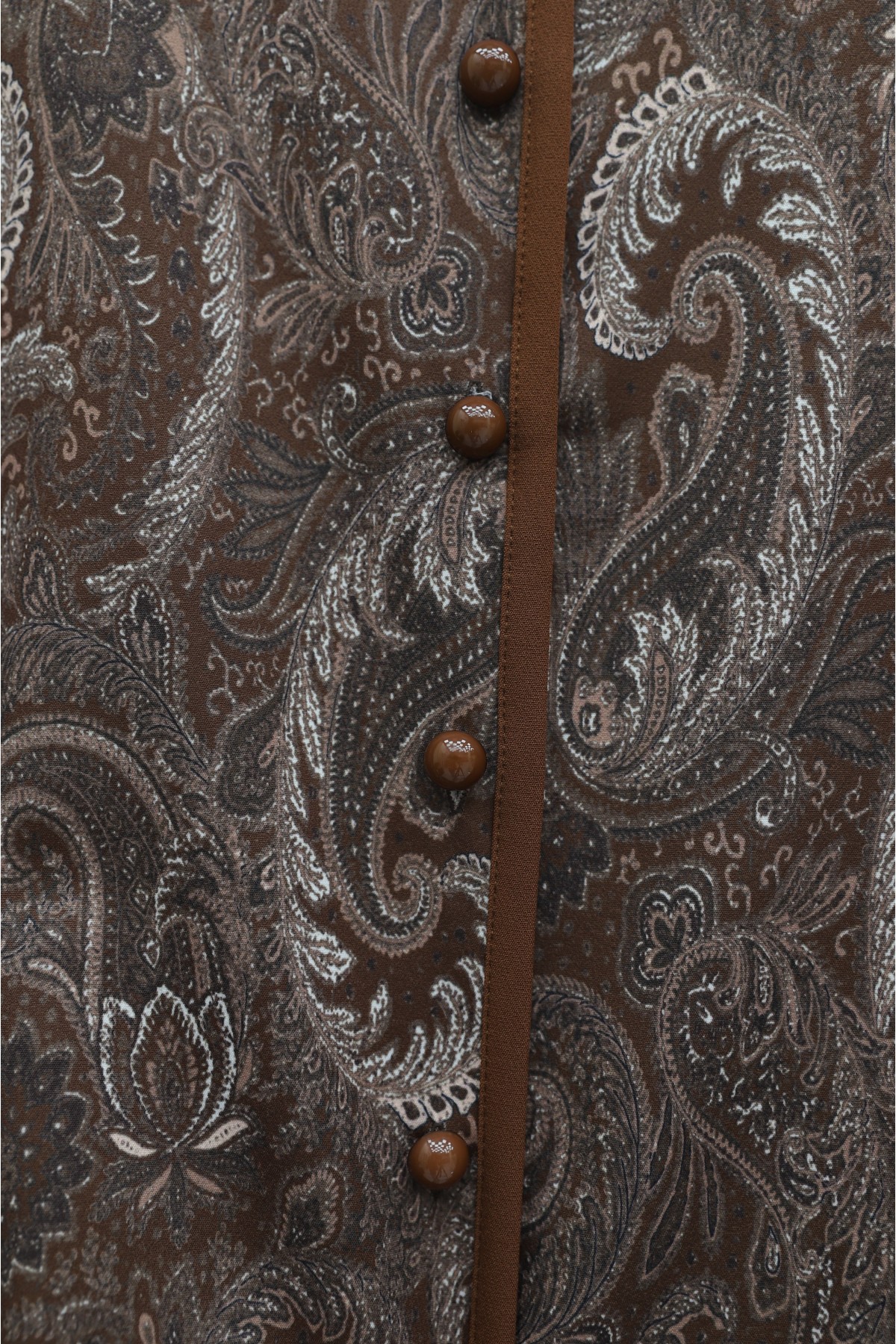 Top Düğme Etnik Desen Etekli Krep Takım -Kahve